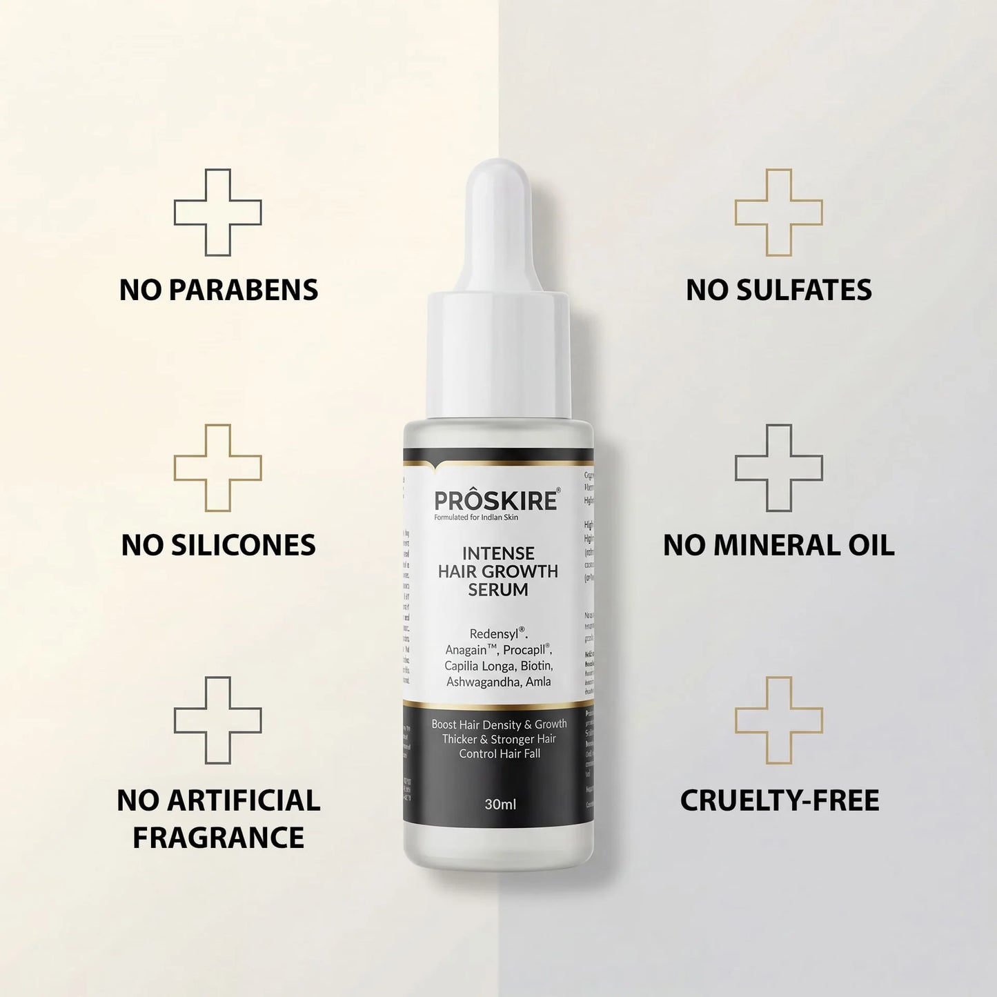PROSKIRE Hair Growth Serum with a sulfate-free, paraben-free, silicone-free, mineral oil-free, and cruelty-free formula for hair and scalp care.