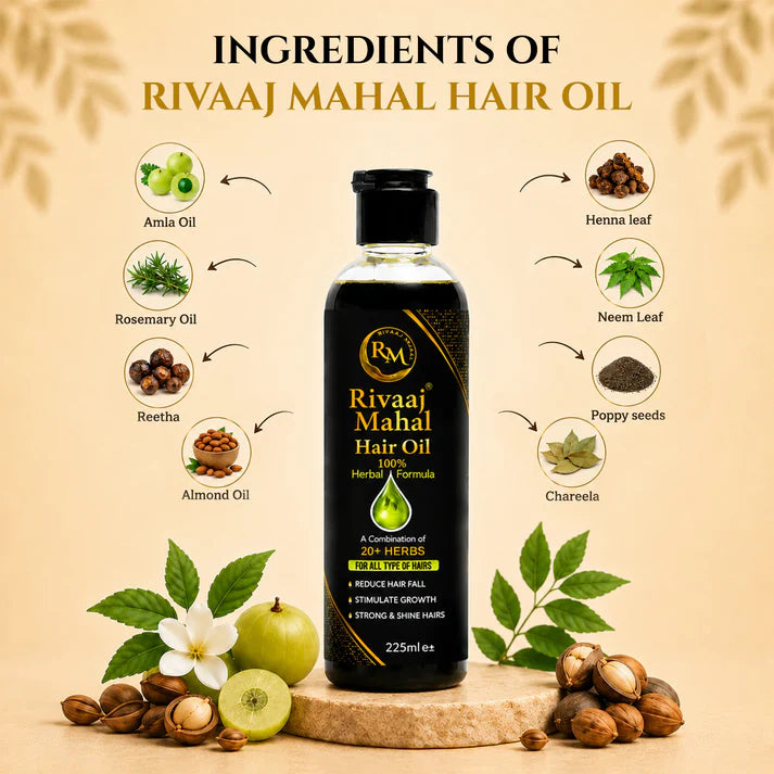 Ingredients of Rivaaj Mahal Hair Oil 225ML featuring natural herbs and oils like amla, rosemary, almond oil, neem, henna, and reetha for healthy hair
