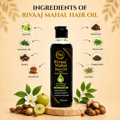 Ingredients of Rivaaj Mahal Hair Oil 225ML featuring natural herbs and oils like amla, rosemary, almond oil, neem, henna, and reetha for healthy hair