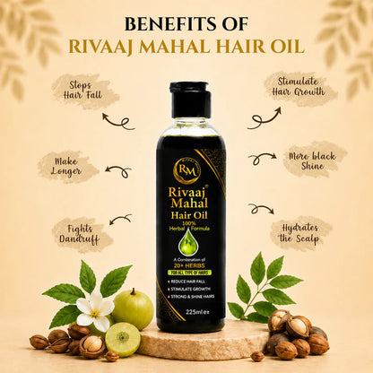 Benefits of Rivaaj Mahal Hair Oil 225ML for reducing hair fall, stimulating hair growth, fighting dandruff, hydrating scalp, and improving hair shine
