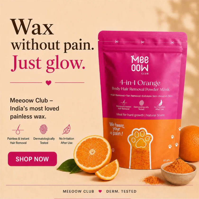 Meeoow Club 4-in-1 Orange Body Hair Removal Powder Mask 80g for painless body hair removal, tan removal, exfoliation, and glowing skin with a natural orange fragrance and dermatologically tested formula.