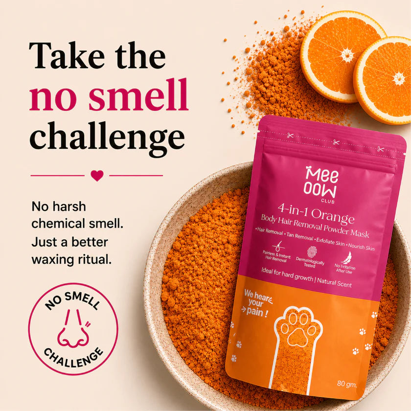 Meeoow Club 4-in-1 Orange Body Hair Removal Powder Mask with natural orange fragrance and no harsh chemical smell, offering a comfortable, painless waxing experience for smooth, soft skin.