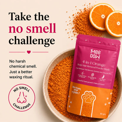 Meeoow Club 4-in-1 Orange Body Hair Removal Powder Mask with natural orange fragrance and no harsh chemical smell, offering a comfortable, painless waxing experience for smooth, soft skin.