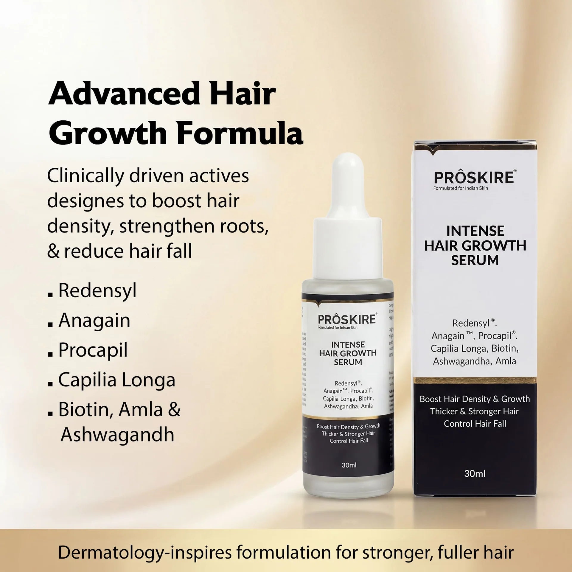 PROSKIRE Intense Hair Growth Serum clinical-inspired formula for stronger, thicker, healthier-looking hair with Redensyl, Anagain, Procapil, Biotin, and botanical extracts.