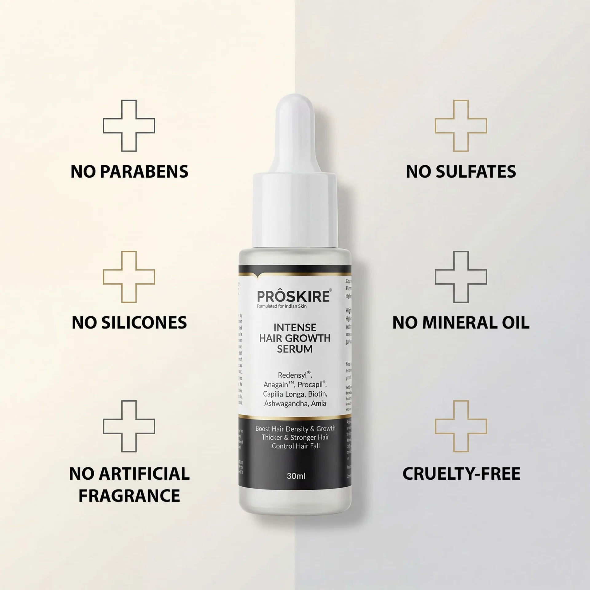 PROSKIRE Hair Growth Serum with a sulfate-free, paraben-free, silicone-free, mineral oil-free, and cruelty-free formula for hair and scalp care.