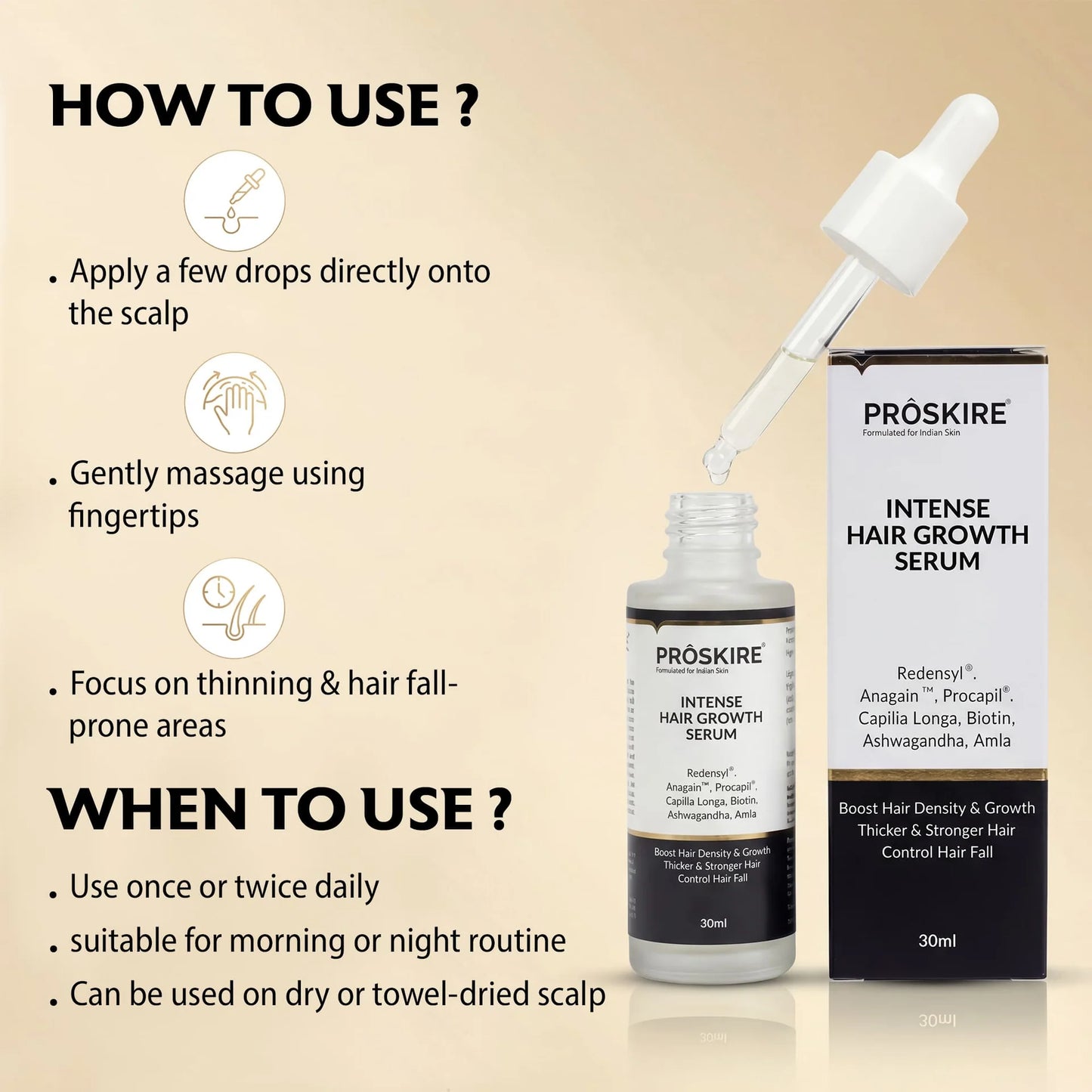 PROSKIRE Intense Hair Growth Serum application guide with step-by-step instructions for scalp treatment, hair fall control, and hair growth support.