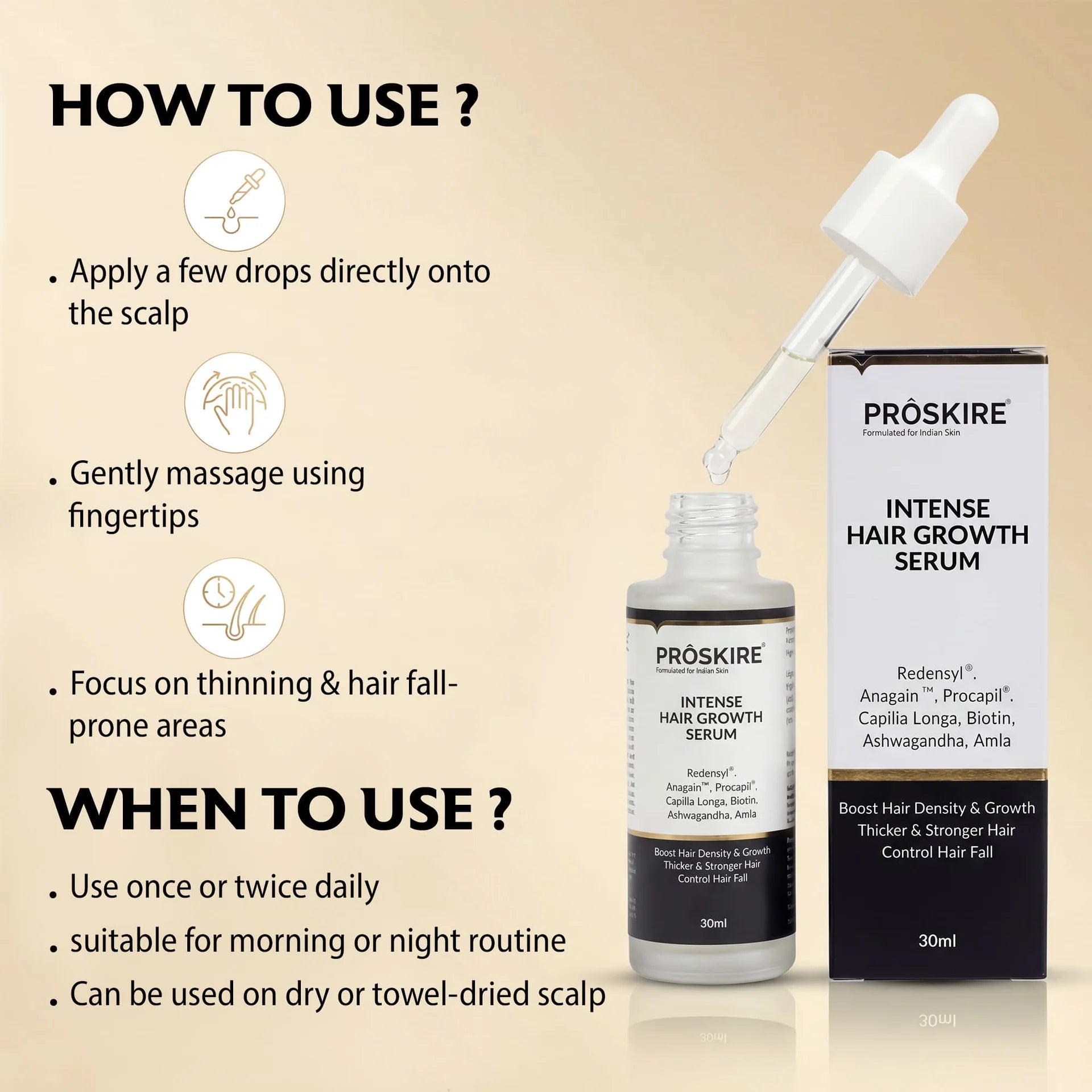 PROSKIRE Intense Hair Growth Serum application guide with step-by-step instructions for scalp treatment, hair fall control, and hair growth support.